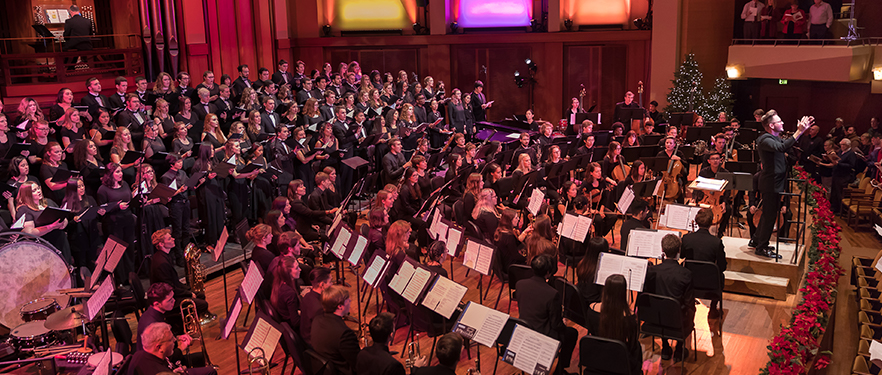 SPU student musicians performing Christmas music at Benaroya Hall.