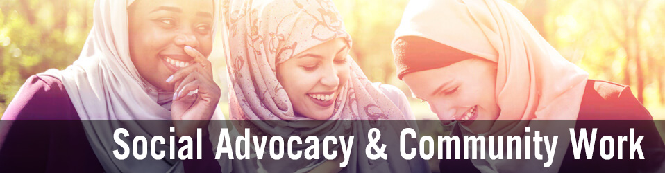 Social Advocacy and Community Work | background image depicts three women laughing in the sunlight 