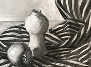 A charcoal drawing of a vase and an apple with a striped cloth underneath