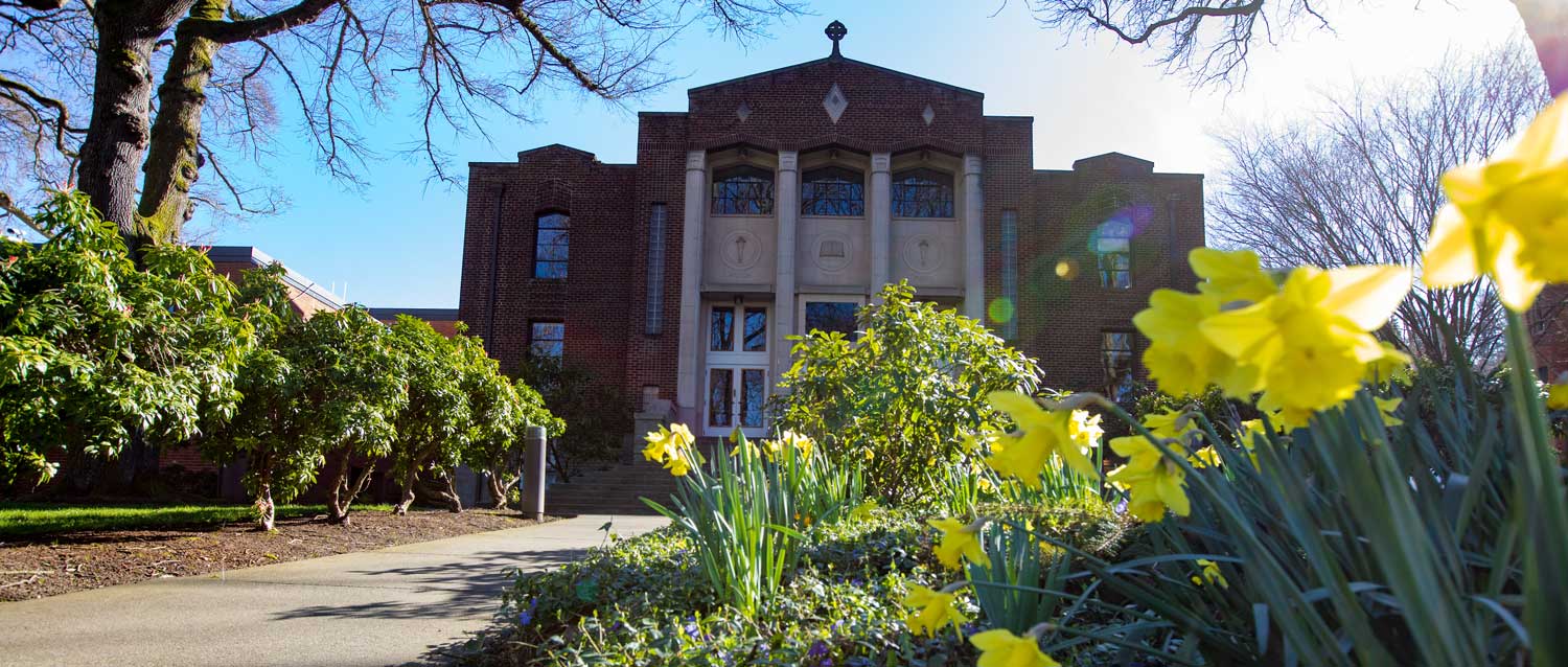 McKinley hall with tulips in foreground