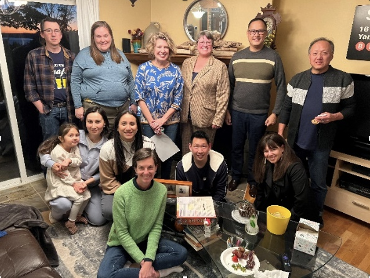 group photos of people standing and sitting in a group in a home