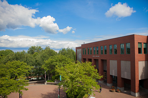 The Ames Library looking over Martin Square