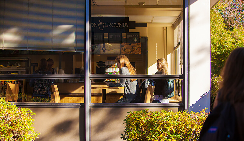 A photo of a window, with a woman sitting inside surrounded by a Coffee shop, Common Grounds