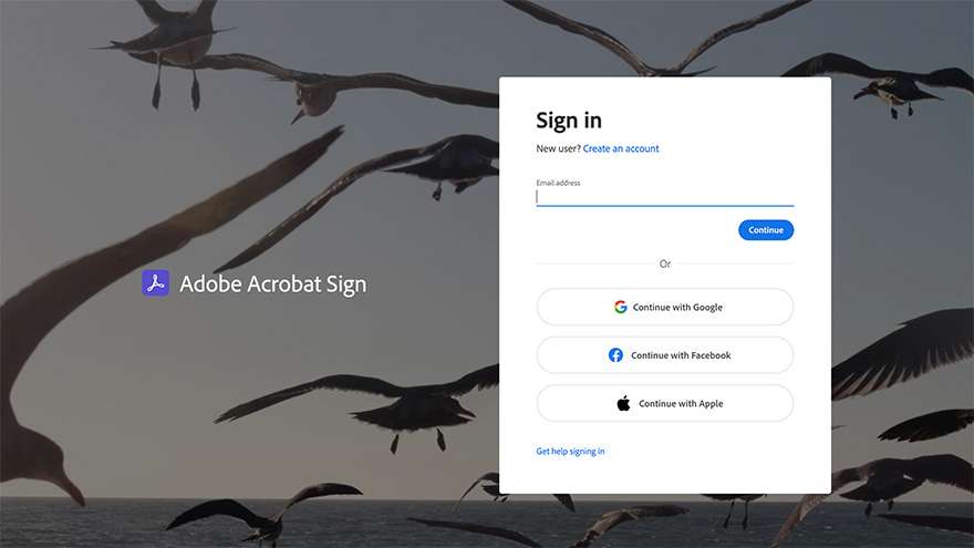 Adobe Sign login screen