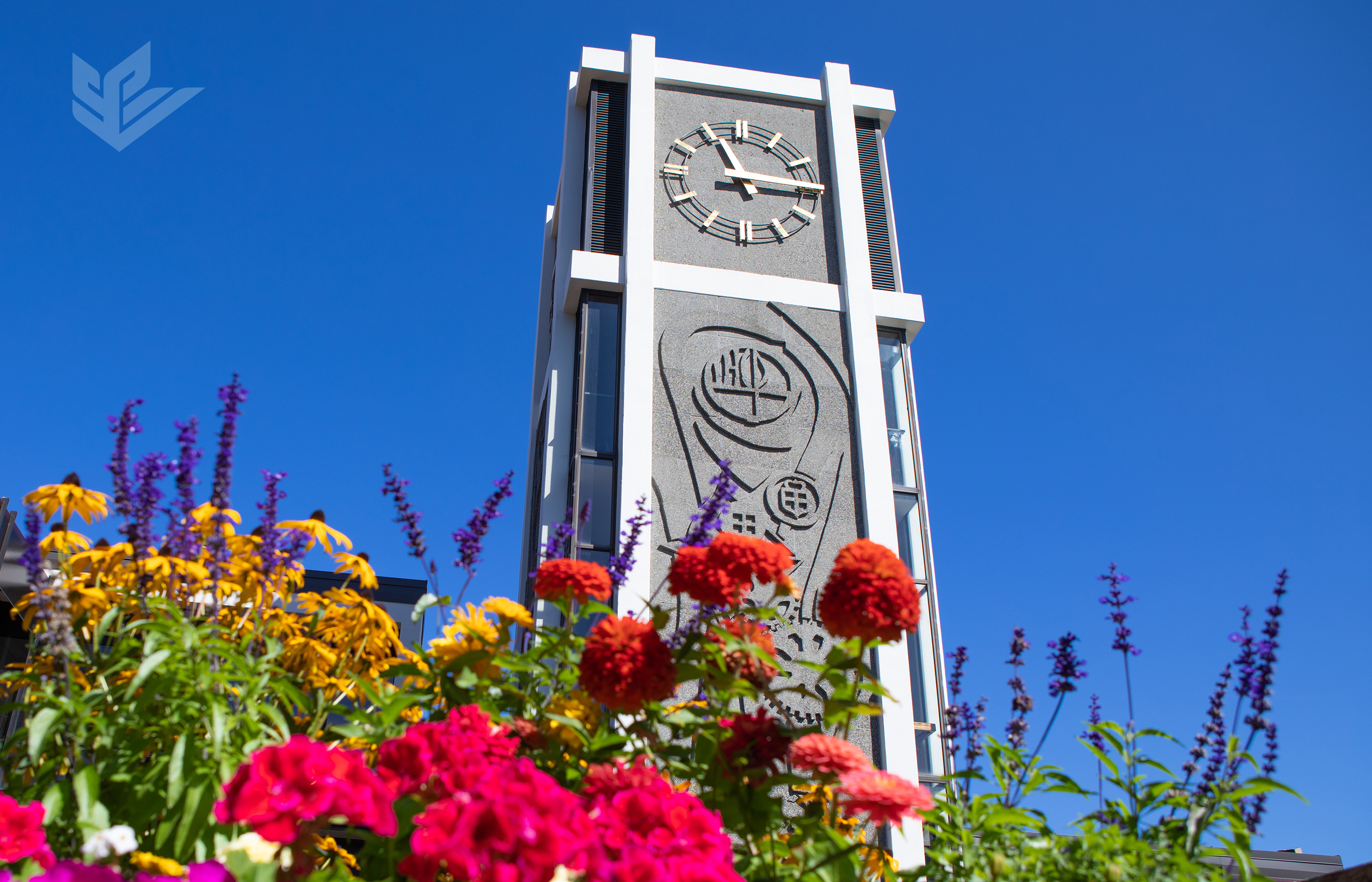 The iconic Demaray Hall clocktower behind summer flowers and in front of a cloudless blue sky