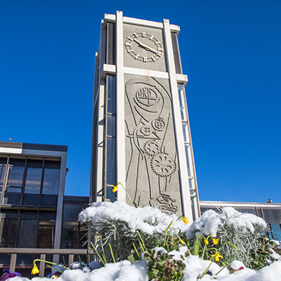 Demaray Hall basks in the sunlight as snow melts on daffodils out front